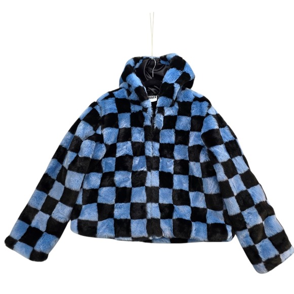 The Ragged Priest Presence Faux Fur Hooded Jacket Blue Black Check Cozy Jacket S - Picture 1 of 11